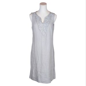 Lina Tomei Italian Linen Dress Gray Embroidered Boho Sleeveless M Made Italy